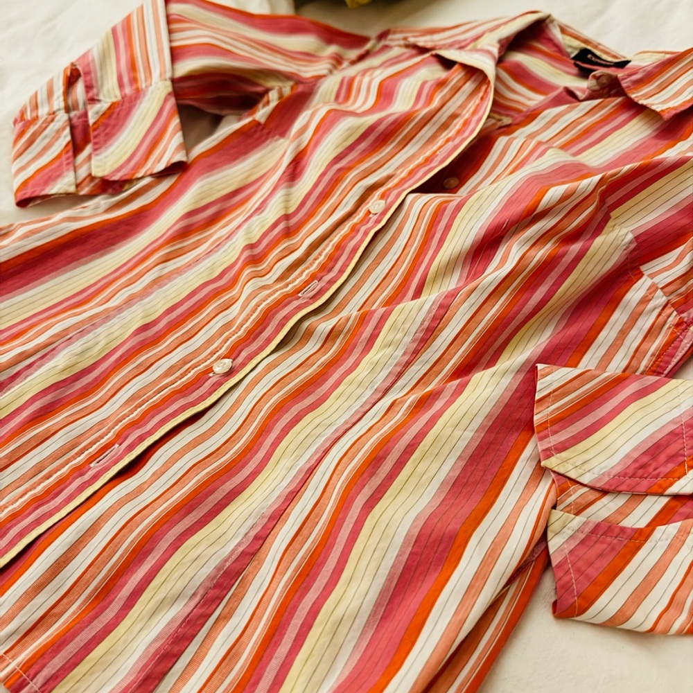 Express Women's Striped Button Down Shirt - Red, Orange, Cream